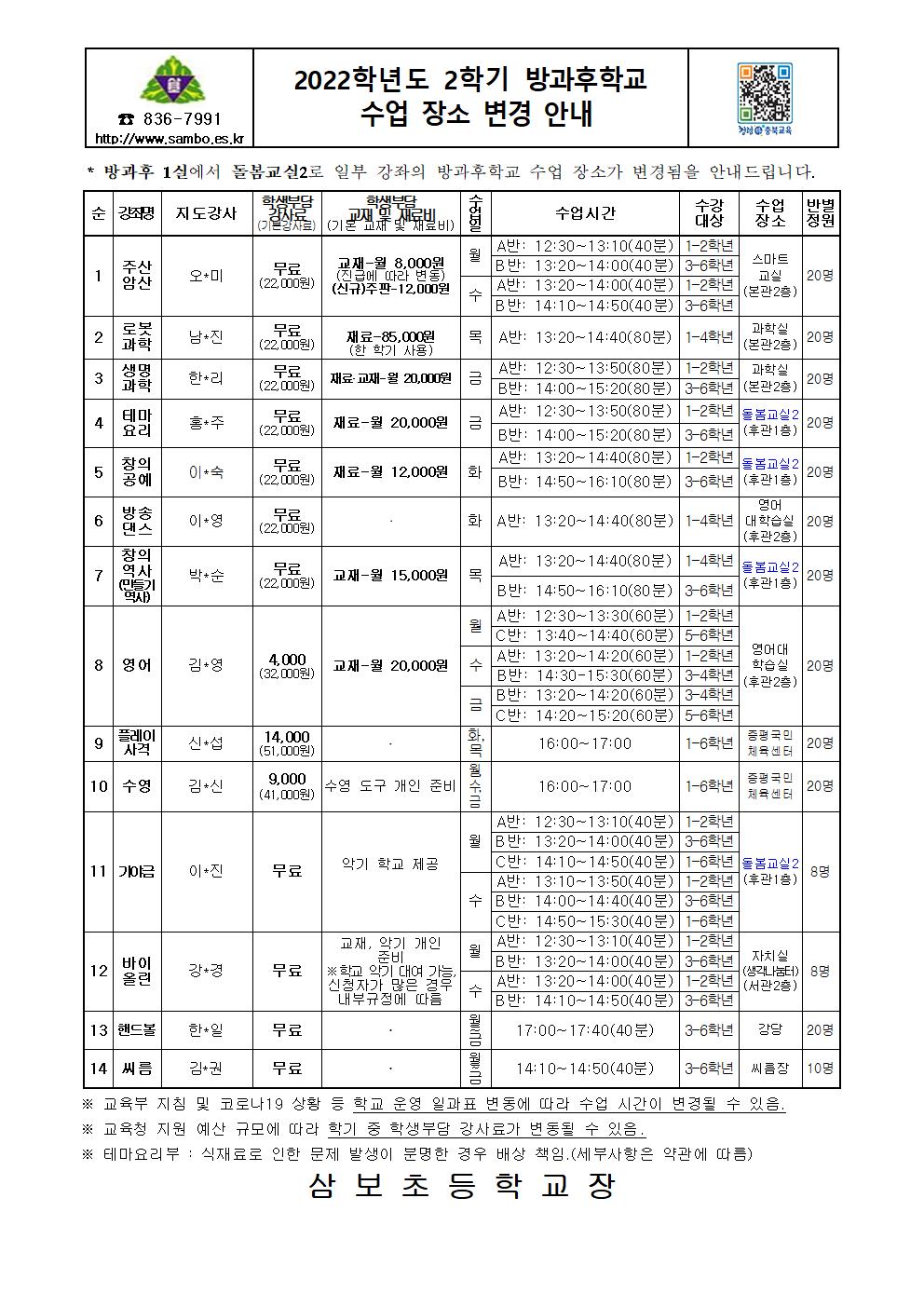 2022. 2학기 방과후학교 수업 장소 변경 안내001