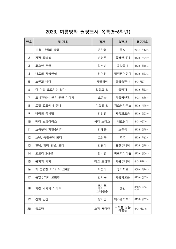 2023.여름방학 권장도서 목록(고학년)